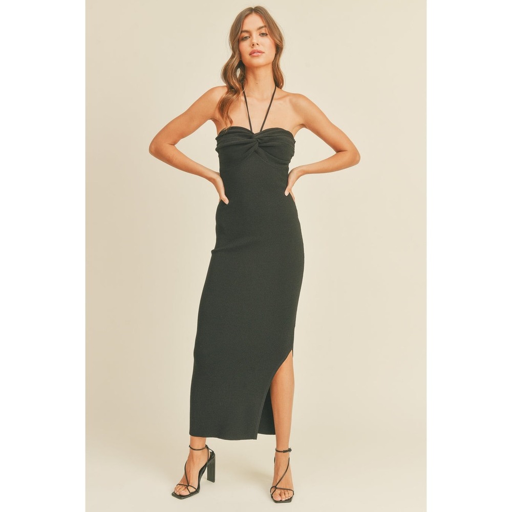 Miou Muse Black Shimmer Metallic Knit Halter Midi Dress D3527 Small NWT